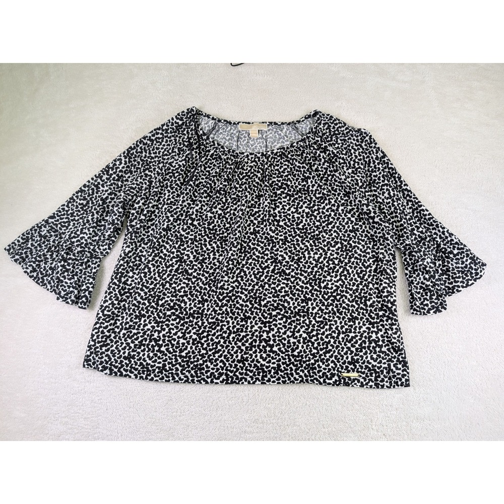 Michael Kors Black White Heart Leopard Print Bell Sleeve Blouse XL C1716